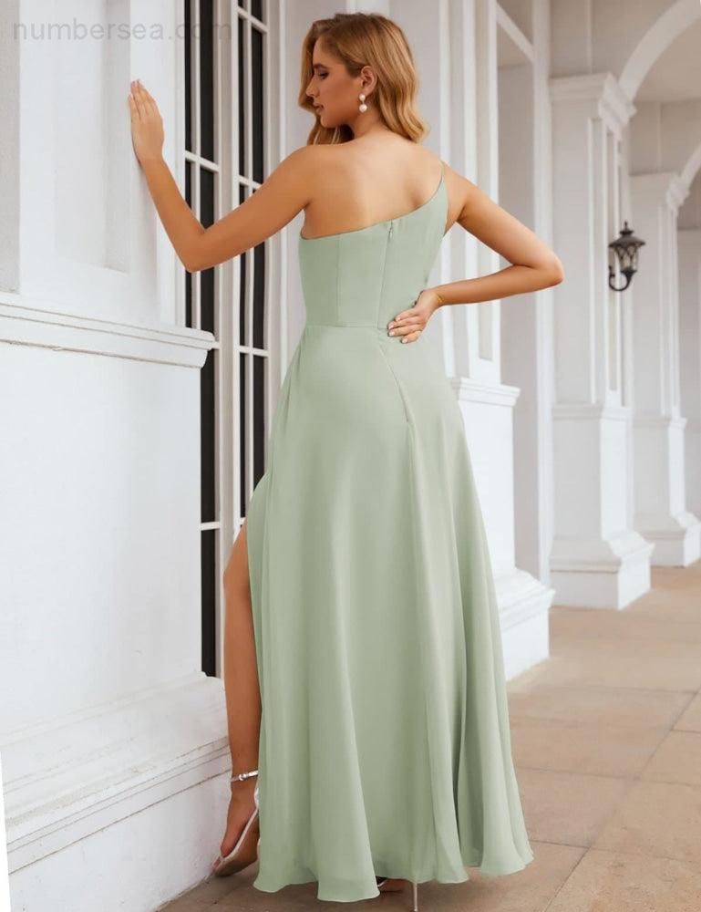 NumberSea - Numbersea One Shoulder Chiffon Bridesmaid Dresses Long Formal Homecoming Prom Gowns for Women Party Wedding Evening SEA28052