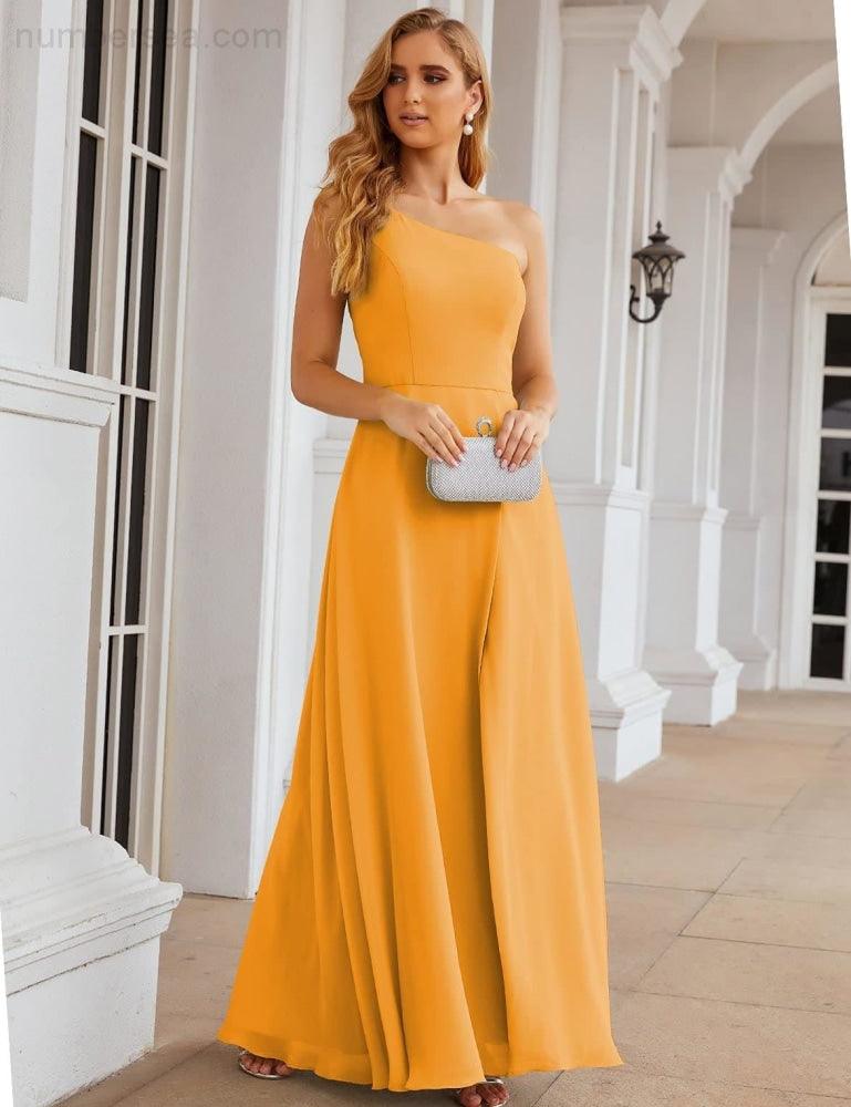 NumberSea - Numbersea One Shoulder Chiffon Bridesmaid Dresses Long Formal Homecoming Prom Gowns for Women Party Wedding Evening SEA28052