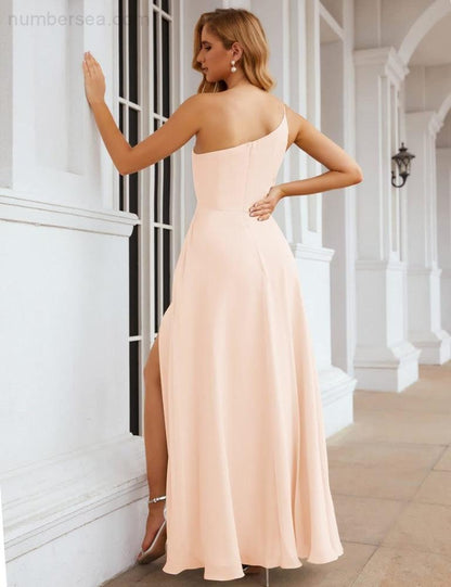 NumberSea - Numbersea One Shoulder Chiffon Bridesmaid Dresses Long Formal Homecoming Prom Gowns for Women Party Wedding Evening SEA28052