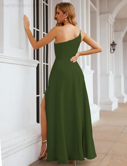 NumberSea - Numbersea One Shoulder Chiffon Bridesmaid Dresses Long Formal Homecoming Prom Gowns for Women Party Wedding Evening SEA28052