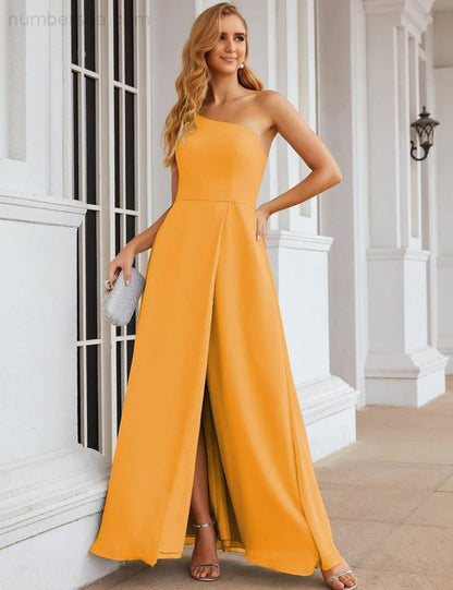 NumberSea - Numbersea One Shoulder Chiffon Bridesmaid Dresses Long Formal Homecoming Prom Gowns for Women Party Wedding Evening SEA28052