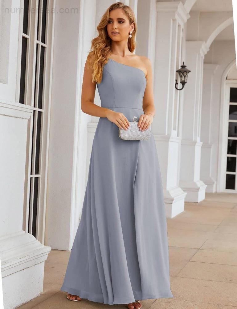 NumberSea - Numbersea One Shoulder Chiffon Bridesmaid Dresses Long Formal Homecoming Prom Gowns for Women Party Wedding Evening SEA28052