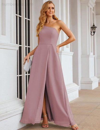 NumberSea - Numbersea One Shoulder Chiffon Bridesmaid Dresses Long Formal Homecoming Prom Gowns for Women Party Wedding Evening SEA28052