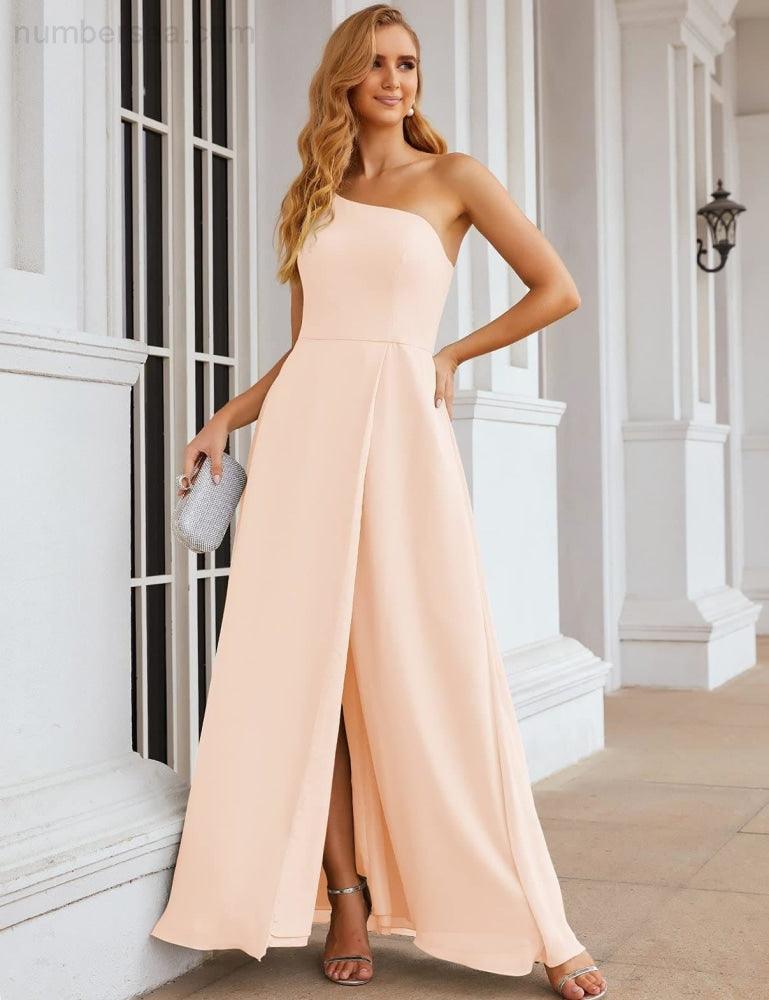 NumberSea - Numbersea One Shoulder Chiffon Bridesmaid Dresses Long Formal Homecoming Prom Gowns for Women Party Wedding Evening SEA28052