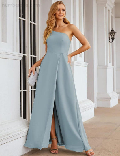 NumberSea - Numbersea One Shoulder Chiffon Bridesmaid Dresses Long Formal Homecoming Prom Gowns for Women Party Wedding Evening SEA28052