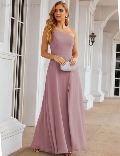 NumberSea - Numbersea One Shoulder Chiffon Bridesmaid Dresses Long Formal Homecoming Prom Gowns for Women Party Wedding Evening SEA28052