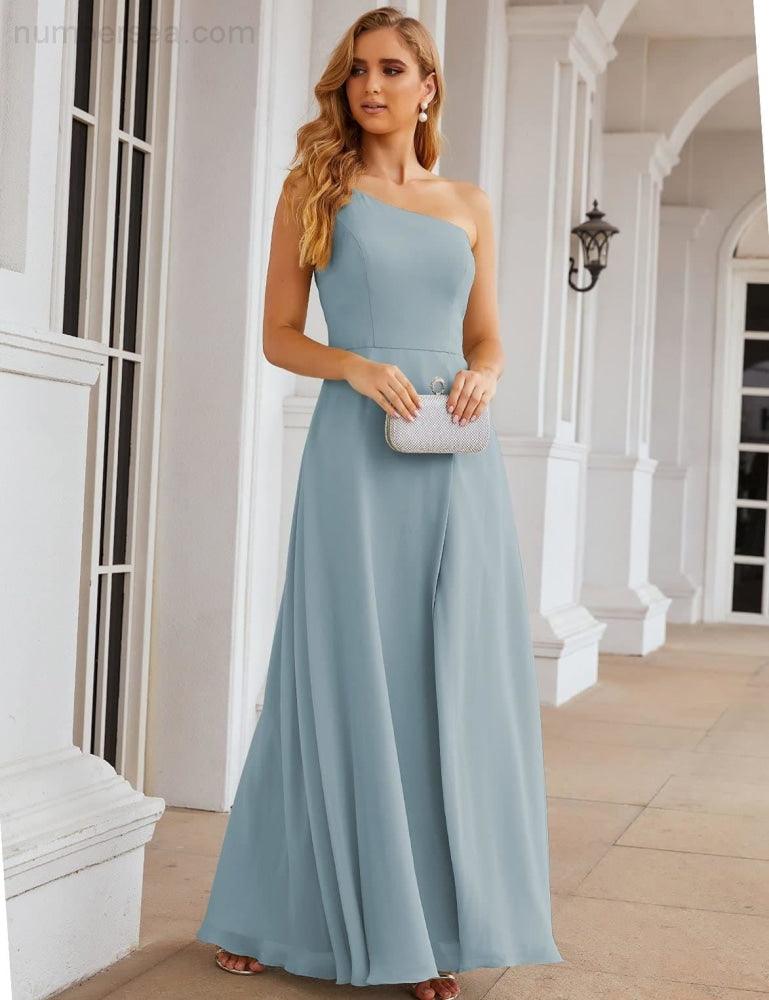 NumberSea - Numbersea One Shoulder Chiffon Bridesmaid Dresses Long Formal Homecoming Prom Gowns for Women Party Wedding Evening SEA28052