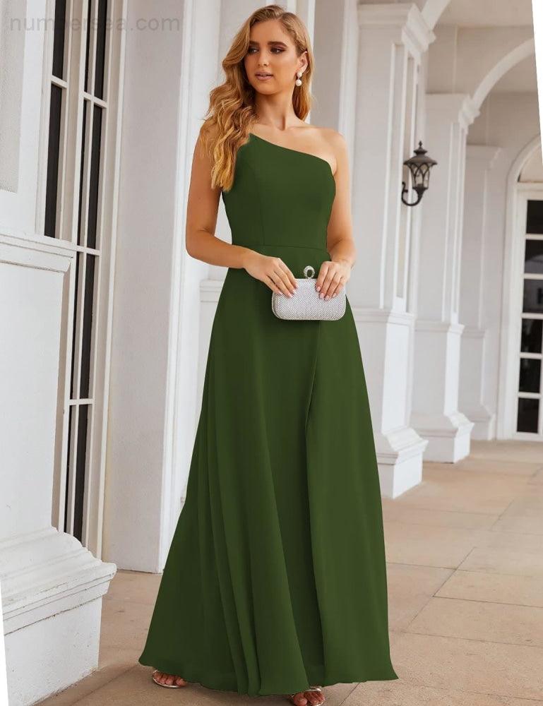 NumberSea - Numbersea One Shoulder Chiffon Bridesmaid Dresses Long Formal Homecoming Prom Gowns for Women Party Wedding Evening SEA28052