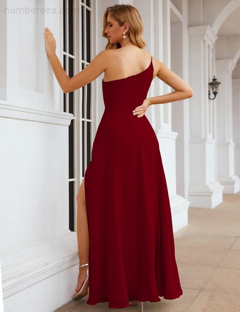 NumberSea - Numbersea One Shoulder Chiffon Bridesmaid Dresses Long Formal Homecoming Prom Gowns for Women Party Wedding Evening SEA28052