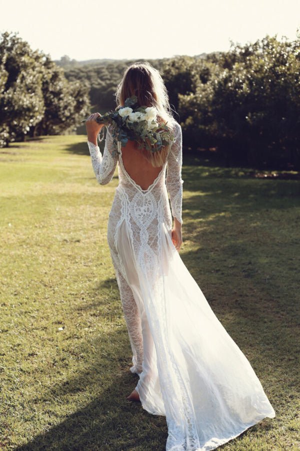 NumberSea - NumberSea Open Back Wedding Dresses Beautiful Lace Backless Long Sleeve Bridal Gown,MW435