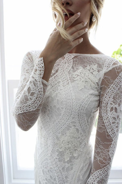 NumberSea - NumberSea Open Back Wedding Dresses Beautiful Lace Backless Long Sleeve Bridal Gown,MW435