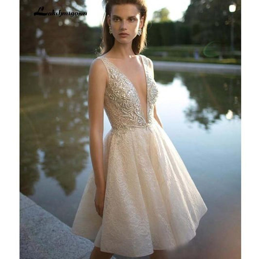 NumberSea - NumberSea Pearls Wedding Dresses A - Line Pluning Neckline Lace