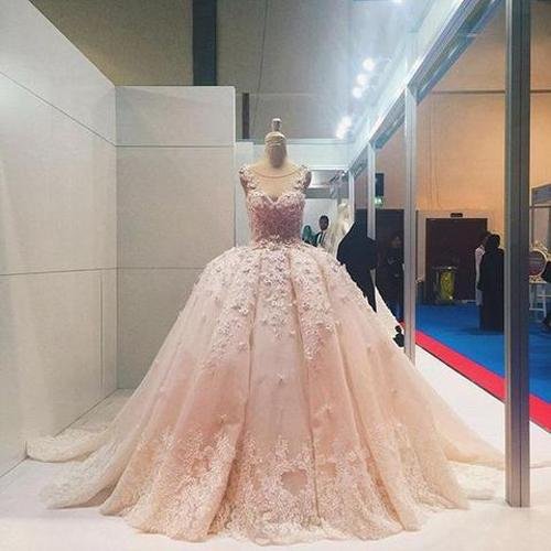 NumberSea - NumberSea Pink Lace Beaded Ball Gown Applique Wedding Dresses Quinceanera Dress, MW204