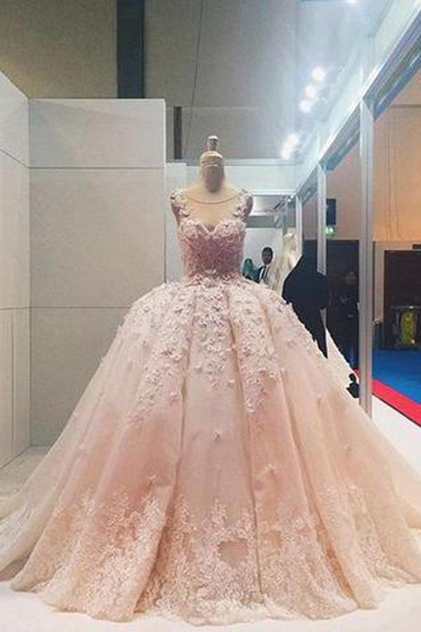 NumberSea - NumberSea Pink Lace Beaded Ball Gown Applique Wedding Dresses Quinceanera Dress, MW204