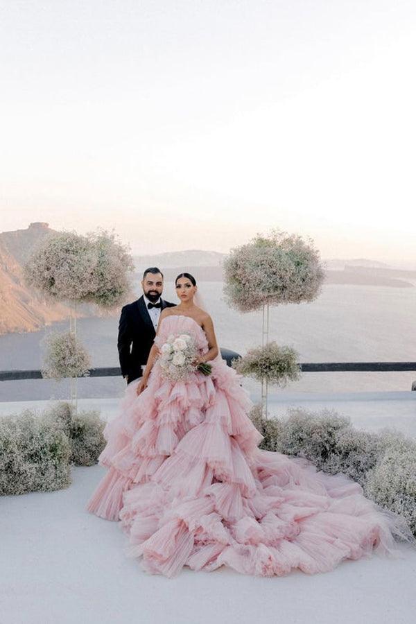 NumberSea - NumberSea Pink Layers Tulle Ball Gown Straight Neck Wedding Dresses, Bridal Gowns, MW939