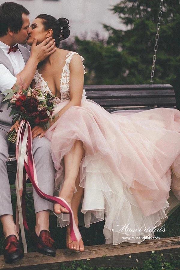 NumberSea - NumberSea Pink Tulle A - line Backless Wedding Dress With Lace Appliques, Bridal Gown, MW944