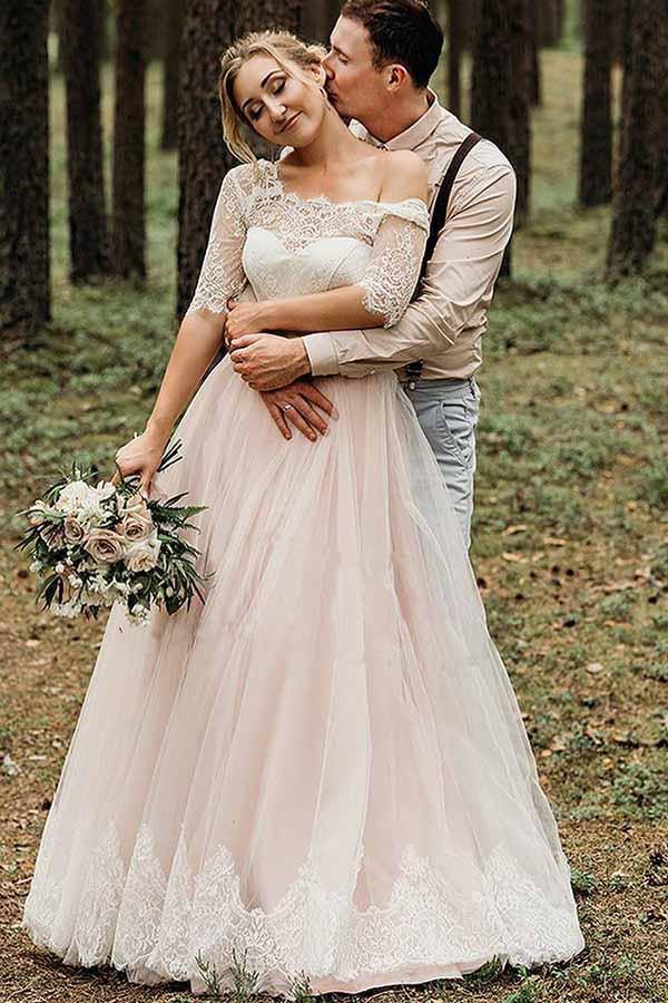 NumberSea - NumberSea Pink Tulle Lace Backless Half Sleeves Lace Up Wedding Dresses, Bridal Gown, MW742