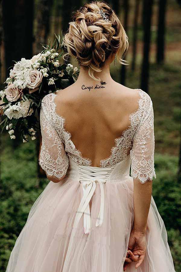 NumberSea - NumberSea Pink Tulle Lace Backless Half Sleeves Lace Up Wedding Dresses, Bridal Gown, MW742