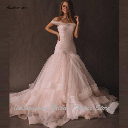 NumberSea - NumberSea Pink Tulle Mermaid Wedding Dress Women Off the Shoulder