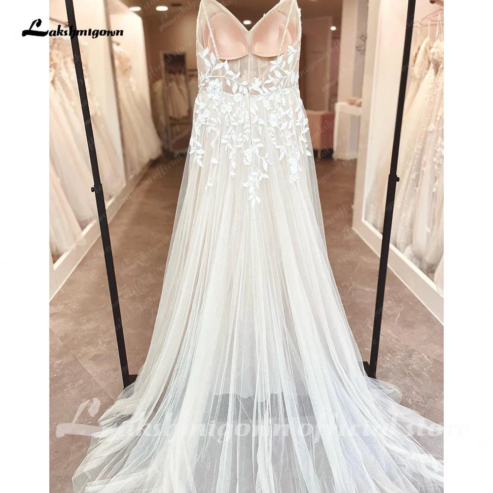 NumberSea - NumberSea Plunging Lace Appliques Open Back Wedding Dress V Neck Spaghetti Straps 2025 Bride Wedding Dress robe de soirée