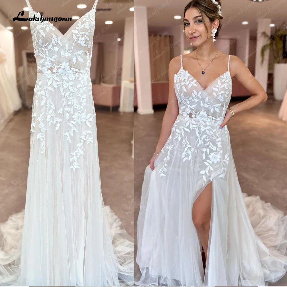 NumberSea - NumberSea Plunging Lace Appliques Open Back Wedding Dress V Neck Spaghetti Straps 2025 Bride Wedding Dress robe de soirée