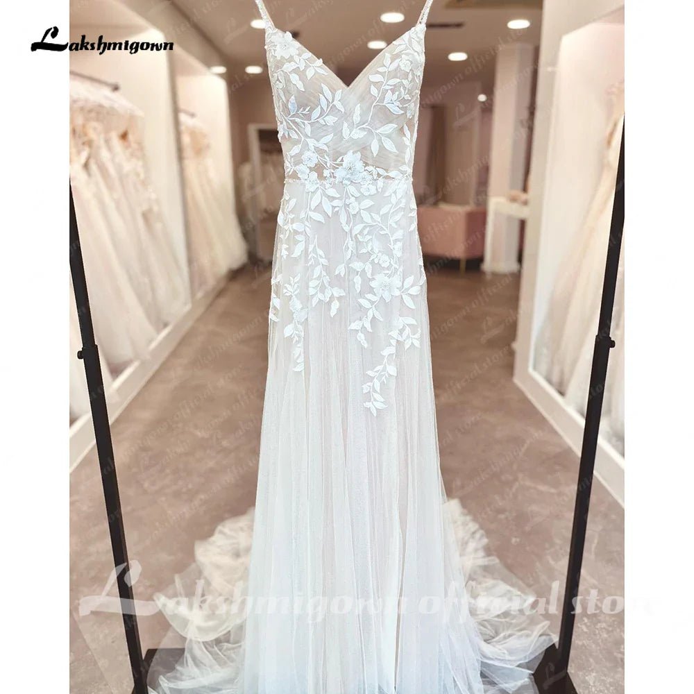 NumberSea - NumberSea Plunging Lace Appliques Open Back Wedding Dress V Neck Spaghetti Straps 2025 Bride Wedding Dress robe de soirée