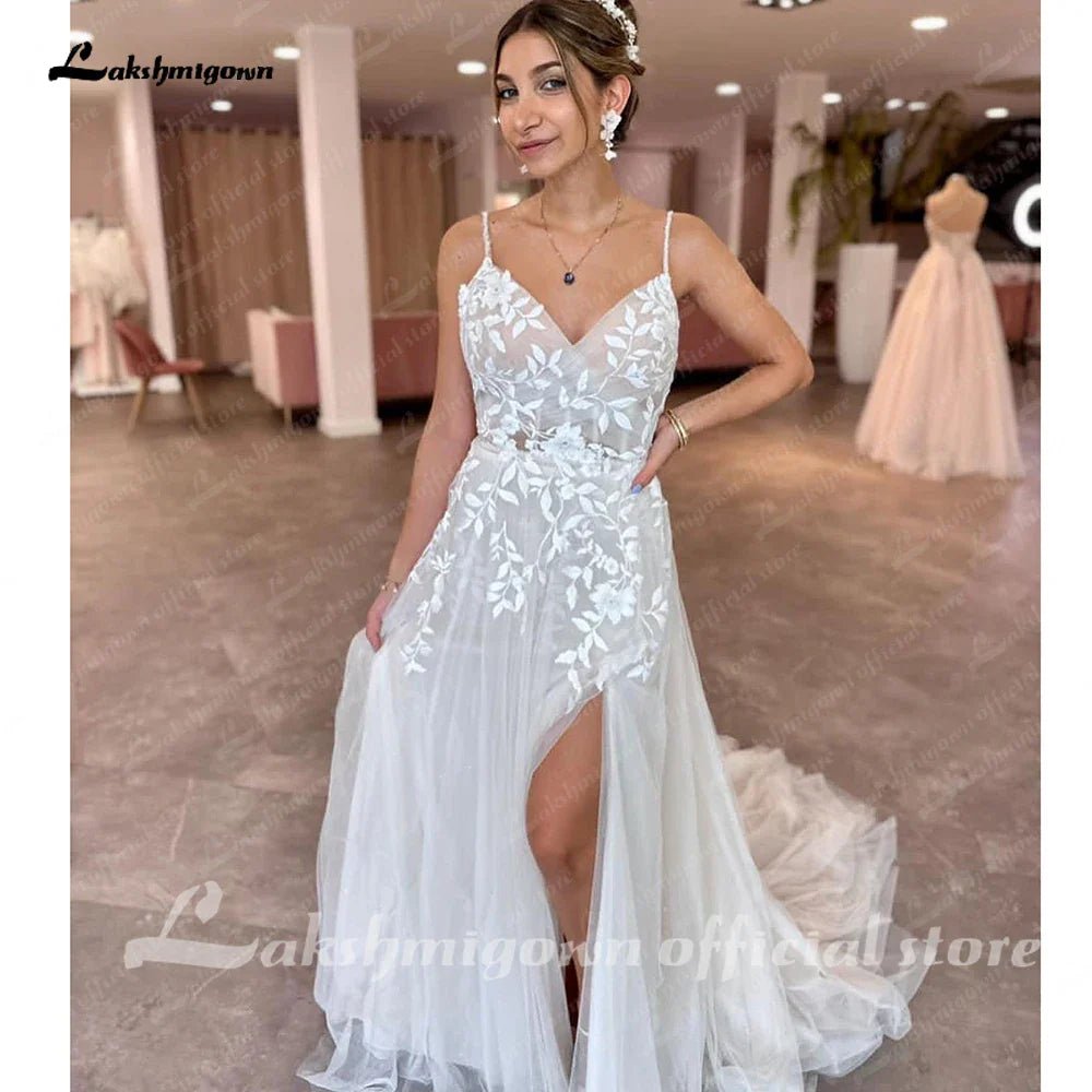 NumberSea - NumberSea Plunging Lace Appliques Open Back Wedding Dress V Neck Spaghetti Straps 2025 Bride Wedding Dress robe de soirée