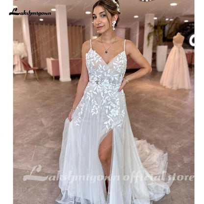 NumberSea - NumberSea Plunging Lace Appliques Open Back Wedding Dress V Neck Spaghetti Straps 2025 Bride Wedding Dress robe de soirée