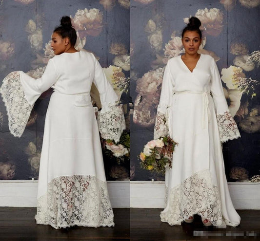 NumberSea - NumberSea Plus Size Hippie Wedding Dresses with Long Bell Sleeve