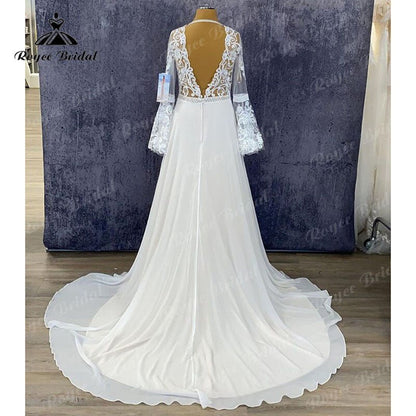 NumberSea - NumberSea Plus Size Long Puff Sleeve Lace Chiffon A Line Wedding Dress Backless 2025 Elegant Bridal Gown vestidos de novia Sweep Train