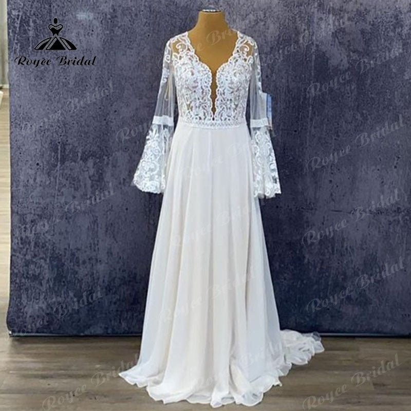 NumberSea - NumberSea Plus Size Long Puff Sleeve Lace Chiffon A Line Wedding Dress Backless 2025 Elegant Bridal Gown vestidos de novia Sweep Train