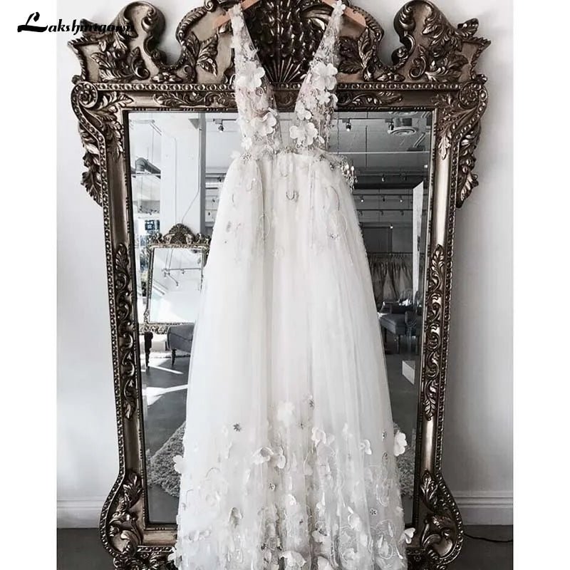 NumberSea - NumberSea Pretty 3D Flower Pearls Wedding Dresses robe mariage femme Sexy Backless Lace Sexy Beach Bridal Gowns Vestido De Noiva Casamento