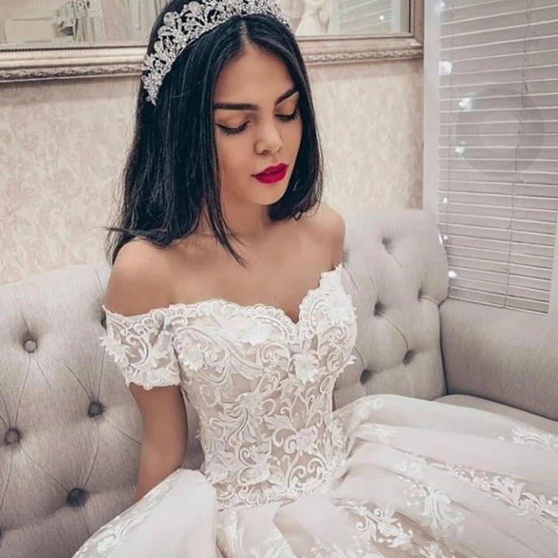 NumberSea - NumberSea Princess Ball Gown Wedding Dress 2021 vestido de noiva Off the Shoulder robe de mariee Lace Appliques Wedding Bridal Gown