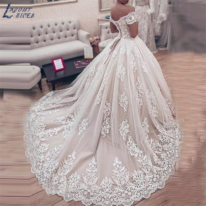 NumberSea - NumberSea Princess Ball Gown Wedding Dress 2021 vestido de noiva Off the Shoulder robe de mariee Lace Appliques Wedding Bridal Gown