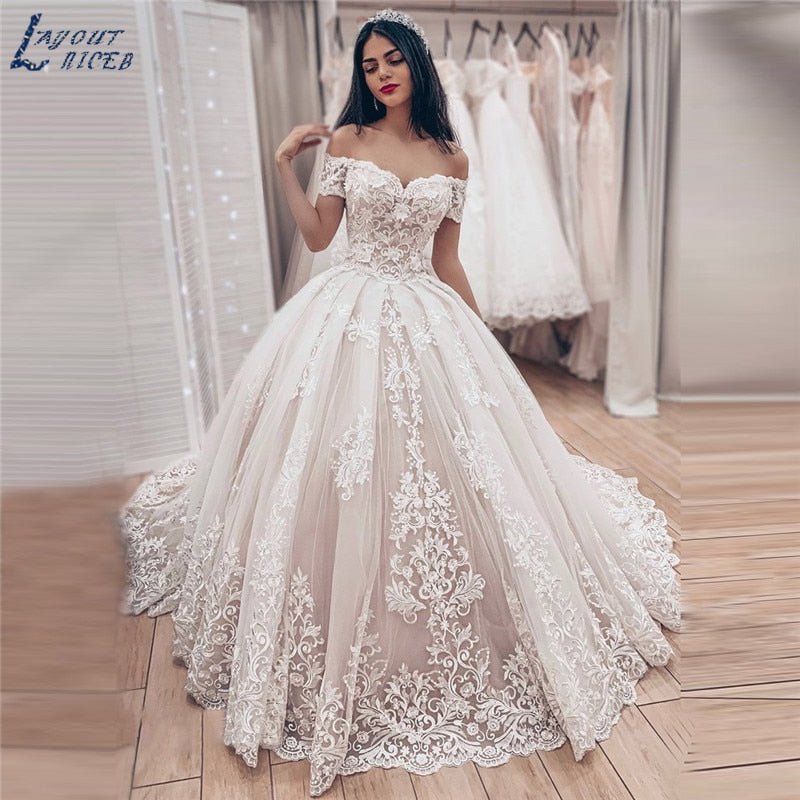 NumberSea - NumberSea Princess Ball Gown Wedding Dress 2021 vestido de noiva Off the Shoulder robe de mariee Lace Appliques Wedding Bridal Gown