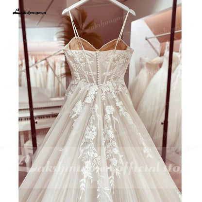 NumberSea - NumberSea Princess Lace Wedding Dress Bridal Robe 2024 Vestido Spaghetti Straps Chapel Train Champagne Tulle Wedding Gown NumberSea