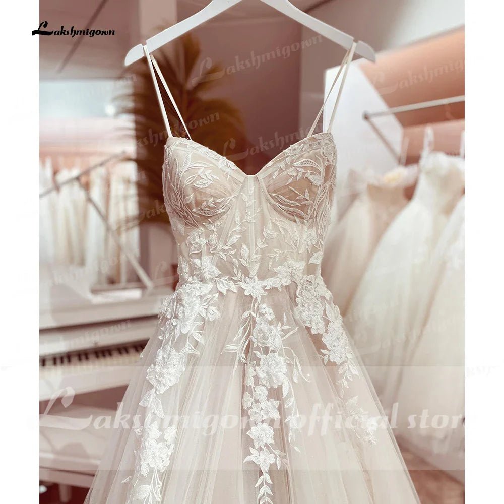 NumberSea - NumberSea Princess Lace Wedding Dress Bridal Robe 2024 Vestido Spaghetti Straps Chapel Train Champagne Tulle Wedding Gown NumberSea