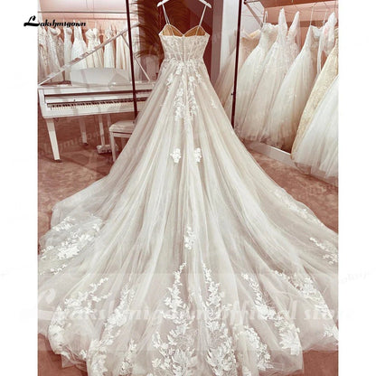 NumberSea - NumberSea Princess Lace Wedding Dress Bridal Robe 2024 Vestido Spaghetti Straps Chapel Train Champagne Tulle Wedding Gown NumberSea