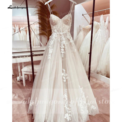 NumberSea - NumberSea Princess Lace Wedding Dress Bridal Robe 2024 Vestido Spaghetti Straps Chapel Train Champagne Tulle Wedding Gown NumberSea