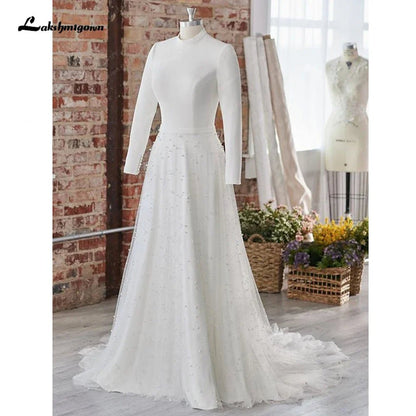 NumberSea - NumberSea Princess Long Sleeves Pearls Wedding Dress for women 2024 Off White Tulle A Line Bridal Gowns High Neck vestido blan