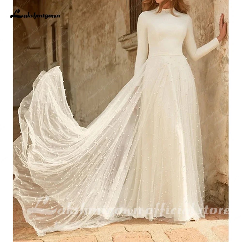 NumberSea - NumberSea Princess Long Sleeves Pearls Wedding Dress for women 2024 Off White Tulle A Line Bridal Gowns High Neck vestido blan