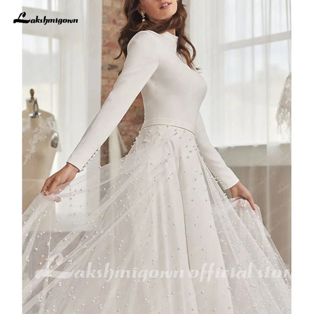 NumberSea - NumberSea Princess Long Sleeves Pearls Wedding Dress for women 2024 Off White Tulle A Line Bridal Gowns High Neck vestido blan