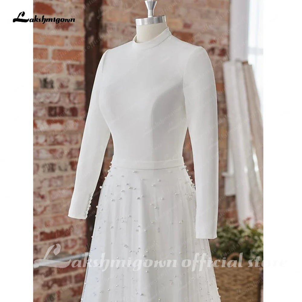 NumberSea - NumberSea Princess Long Sleeves Pearls Wedding Dress for women 2024 Off White Tulle A Line Bridal Gowns High Neck vestido blan