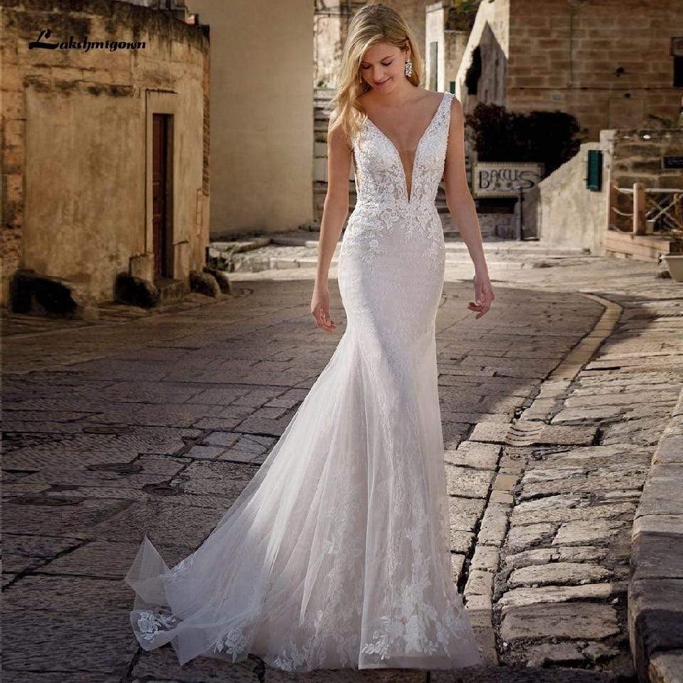 NumberSea - NumberSea Princess Mermaid Wedding Dress Women Elegant Lace V - neck