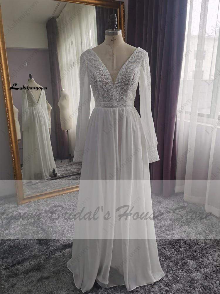 NumberSea - NumberSea Puffy Long Sleeve Dress Women Boho Wedding Dresses