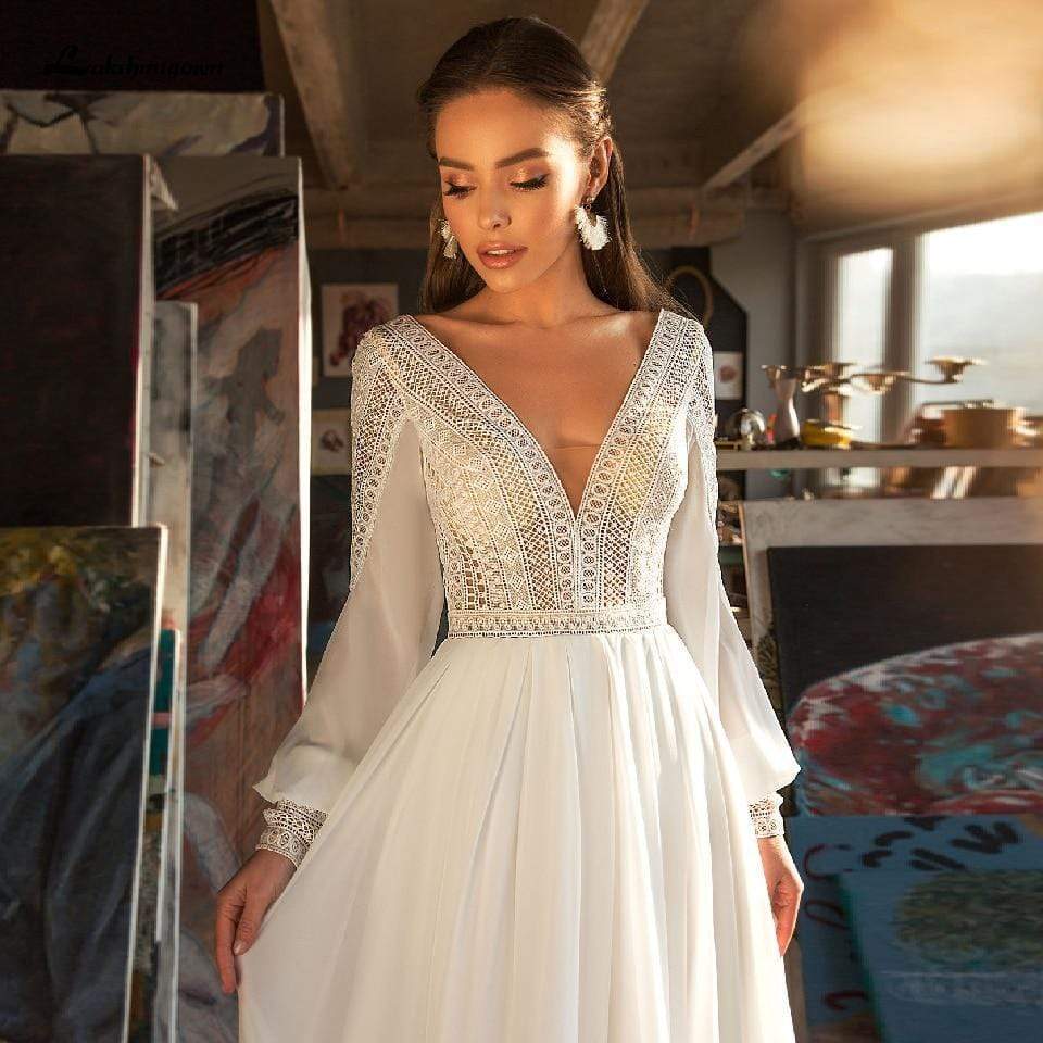 NumberSea - NumberSea Puffy Long Sleeve Dress Women Boho Wedding Dresses