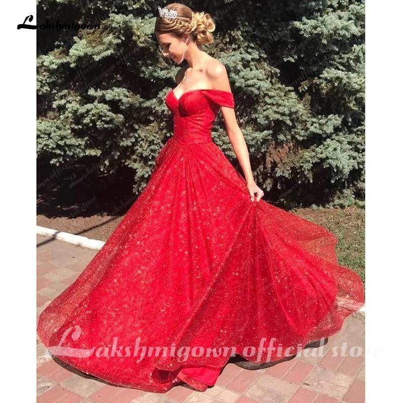 NumberSea - NumberSea Red Off The Shoulder Wedding Dress Sequins Cheap