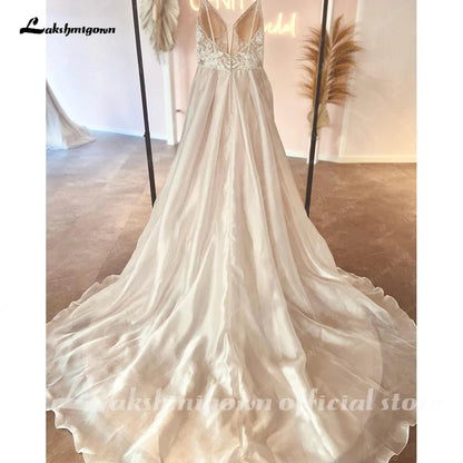 NumberSea - NumberSea Robe Civil Boho Champagne Lace V Neck A Line Beach Wedding Dress 2025 Bridal Gowns Custom Made Vestidos