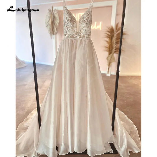 NumberSea - NumberSea Robe Civil Boho Champagne Lace V Neck A Line Beach Wedding Dress 2025 Bridal Gowns Custom Made Vestidos