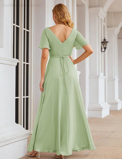 NumberSea - Numbersea Wrap V - Neck Chiffon Bridesmaid Dresses Long Formal Maxi Evening Gown for Wedding Guests SEA28049